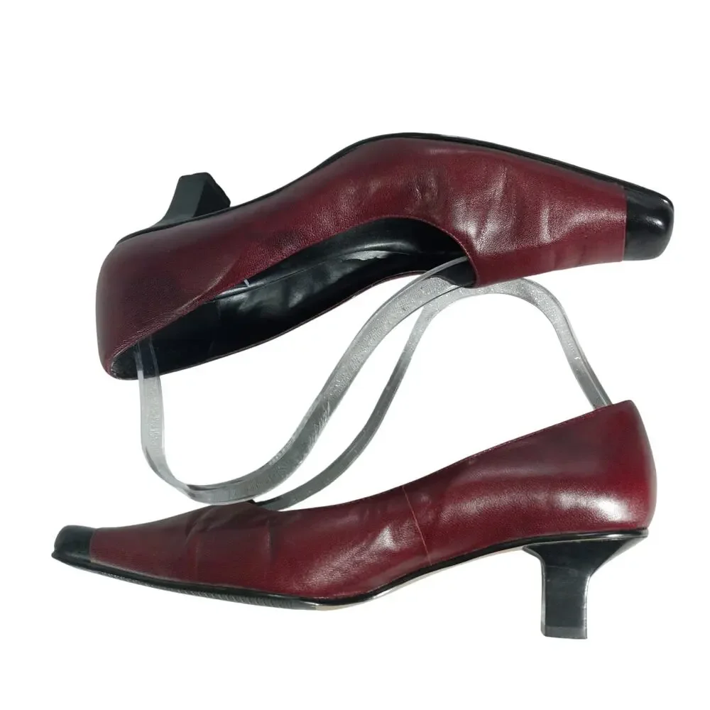SACHA TOO! BURGUNDY & BLACK GENUINE LEATHER NIP TOE MODIFIED KITTEN HEELS! SZ 8M